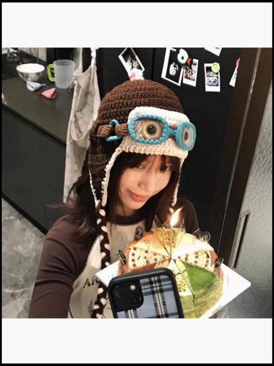 Pilot Crochet Beanie with Goggles, Knit Warm Hat with Ear Flap, Winter Cosplay main image 6